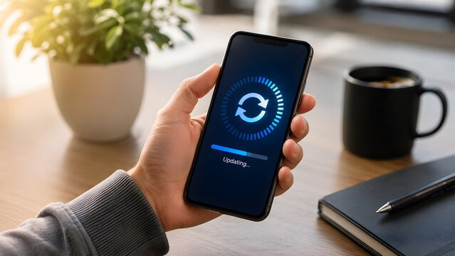 Businessman hand holding smartphone displaying glowing blue updating progress screen. Concept of mobile software upgrade installation and system firmware maintenance.