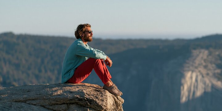 Bearded man sitting on rock ledge overlooking a forested canyon for outdoor lifestyle background and hiking poster design