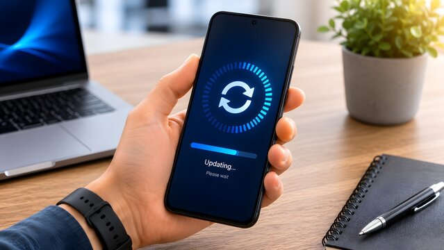Businessman hand holding smartphone displaying blue updating progress screen. Concept of software upgrade and mobile firmware maintenance.