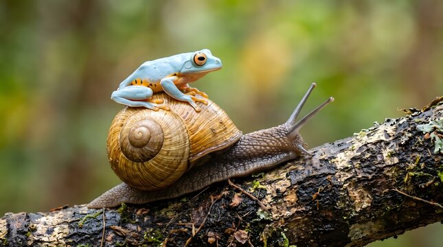 Small tree frog sitting on a snail shell on a tree branch in a forest environment.