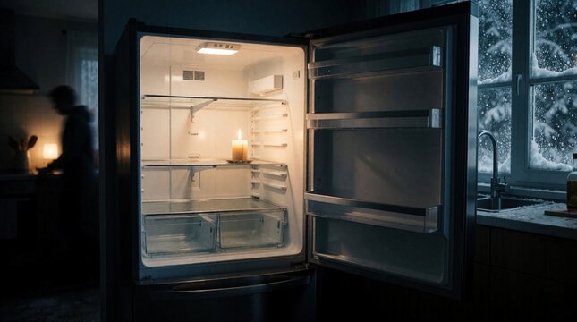 Open empty fridge with lit candle inside during winter power outage. Gloomy kitchen scene shows dark outside window with snow. Person is visible in background.