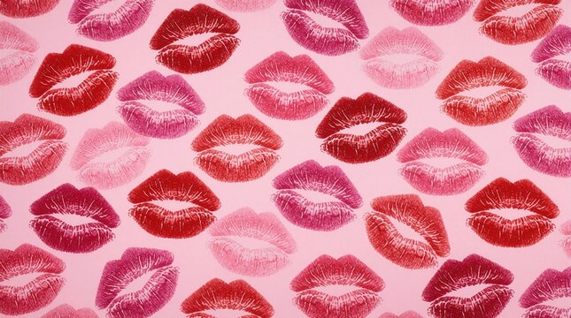 Red and pink lipstick kiss impressions form a repeating pattern on a soft pink background. This playful design suggests romance, beauty, and affection, ideal for cosmetic or fashion themes.