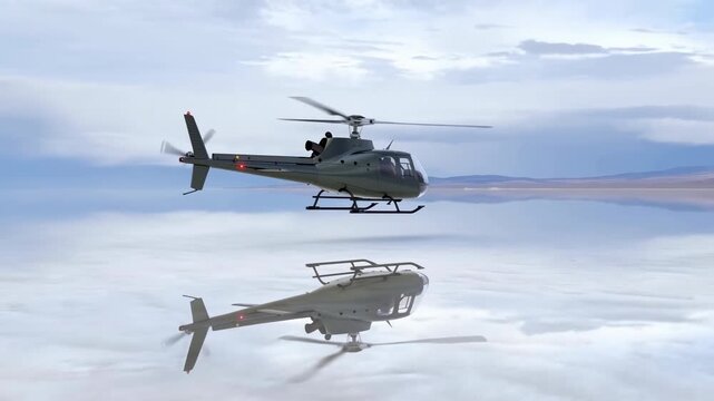 Olive green helicopter hovering low above reflective salt flat with spinning rotor blades and clear mirror reflection under overcast sky and distant mountain horizon