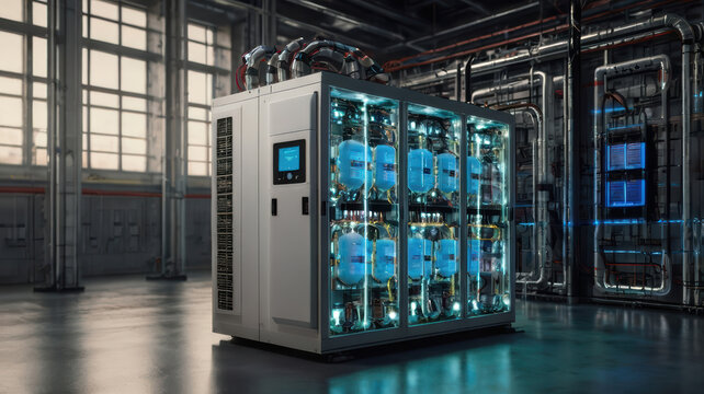 Industrial battery energy storage cabinet glowing in modern power facility