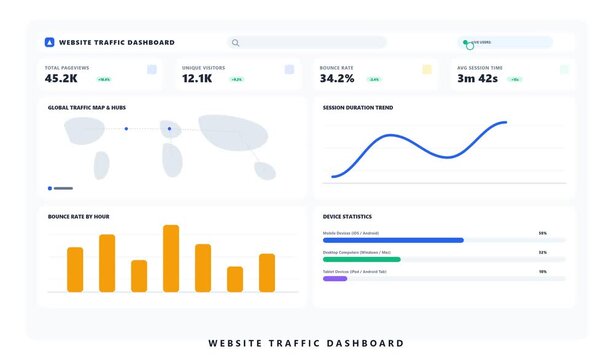 Digital analytics interface dashboard showing live website traffic growth motion graphics.