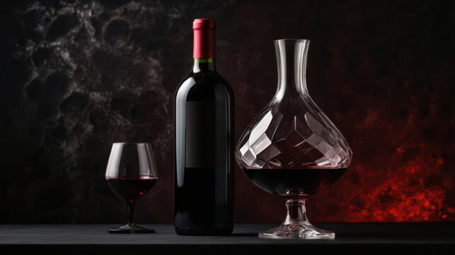 Red wine bottle decanter glass dark still life