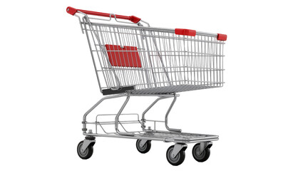 Metal shopping cart with red handles and seat, isolated on transparent background © Maria