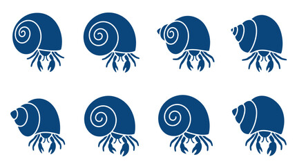 Obraz premium Set of Hermit Crab Illustrations: A collection of eight stylized illustrations in deep blue depicts hermit crabs in various poses and shell formations, showcasing their unique adaptability.