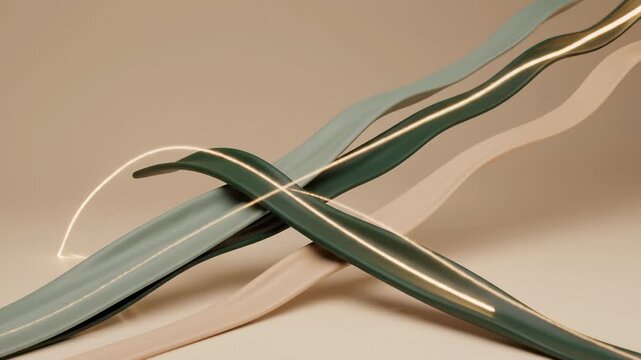 Abstract 3d Wavy Ribbons With Glowing Light Trails in Minimalist Beige Background