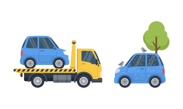 Car towing service vector illustration, featuring a yellow flatbed tow truck transporting breakdown automobile on white background