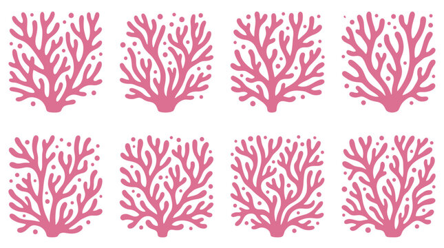Coral Branch Icons: A collection of eight stylized pink coral branch icons, presented in a grid formation, showcasing intricate branch patterns and small dot accents, evoking an underwater theme.