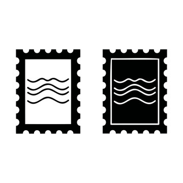 Postage stamp icon set with wavy postmark lines in outline and solid styles, envelope