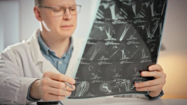 A young doctor wearing glasses intensely examines MRI images in a bright hospital X-ray room. His focused expression underscores his dedication to medicine, showcasing modern medical practice