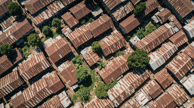 Aerial view of dense urban slum with corrugated iron roofs. Overcrowded residential area shows scattered greenery and narrow pathways between homes. Poor housing conditions in a developing city.