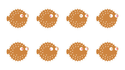 Eight Pufferfish in a Row: A collection of eight identical cartoon pufferfish with wide, surprised eyes arranged in two rows against a white background, featuring a playful and humorous aesthetic. © Muhammad