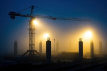 Naklejka premium Construction crane operates on a building site shrouded in thick fog at night. Industrial landscape illuminated by bright lights, creating a mysterious atmosphere.