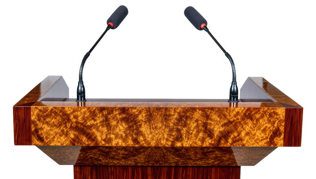 Luxurious wooden podium with two microphones, isolated on transparent background