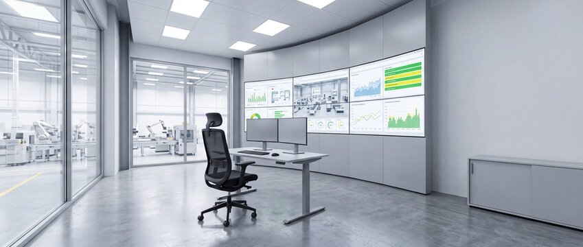 Modern factory monitoring control room with multiple displays showing production metrics analytics and plant automation processes in clean bright industrial office.