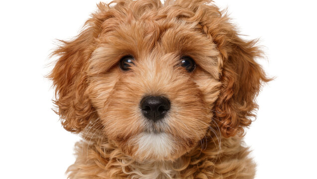 Fluffy brown cockapoo puppy with curly fur, isolated on transparent background
