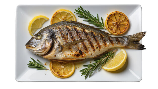 Whole grilled sea bream with lemon slices and rosemary sprigs, isolated on transparent background