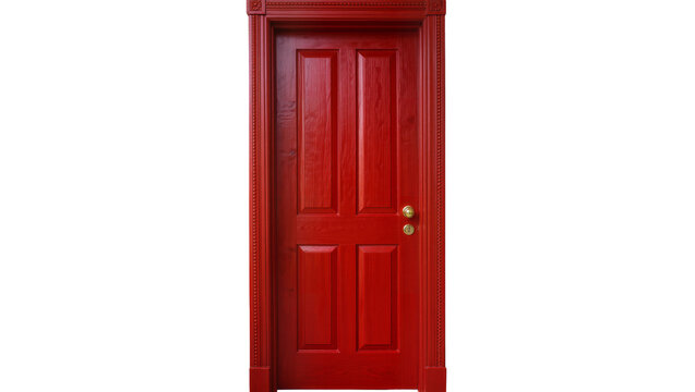 Red wooden four-panel door with brass knob and ornate frame, isolated on transparent background