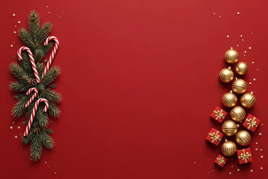 Imagem de natal com fundo vermelho e enfeites natalinos nas laterais.
