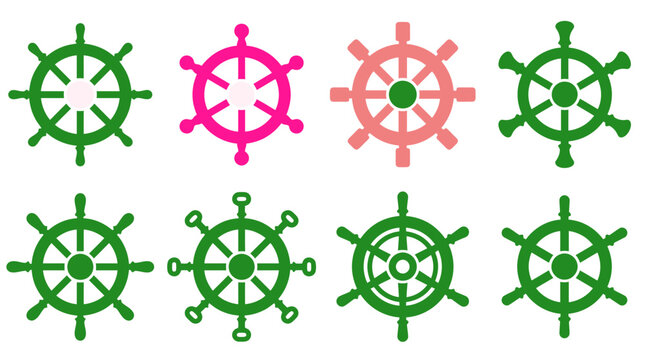 Nautical Ship Steering Wheel Flat Icon Set for Maritime Branding, Sailing Equipment Design & Marine Navigation Graphics (EPS)