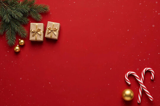 Imagem de Natal com fundo vermelho e decora&ccedil;&otilde;es natalinas nas laterais.