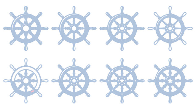 Nautical Ship Wheel Steering Icons Set in Blue Flat Design Vector for Maritime Branding, Sailing Graphics & Marine Navigation (EPS)