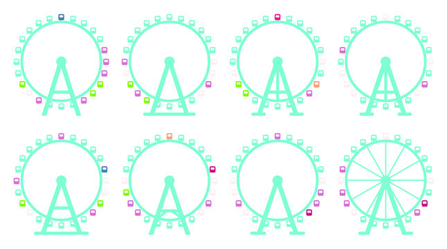 Colorful Ferris Wheel Amusement Park Ride Vector Icon Set for Carnival Promotions, Theme Park Branding & Travel Infographics (EPS)