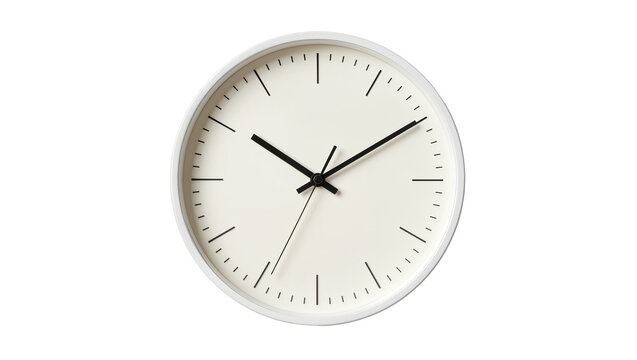 Minimalist white wall clock with black hands and markers, isolated on transparent background