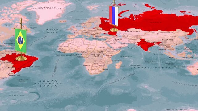 BRICS Countries Flag Pins on 3D World Map Animation