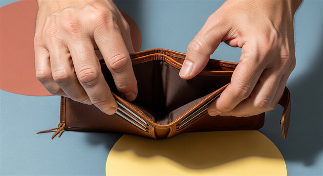 Empty brown leather wallet held open by male hands, concept of financial crisis and no money, poor man showing empty wallet