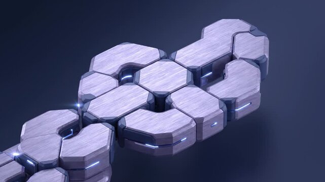 Abstract 3d Animation of Metallic Hexagonal Blocks Connecting Together to Form a Chain