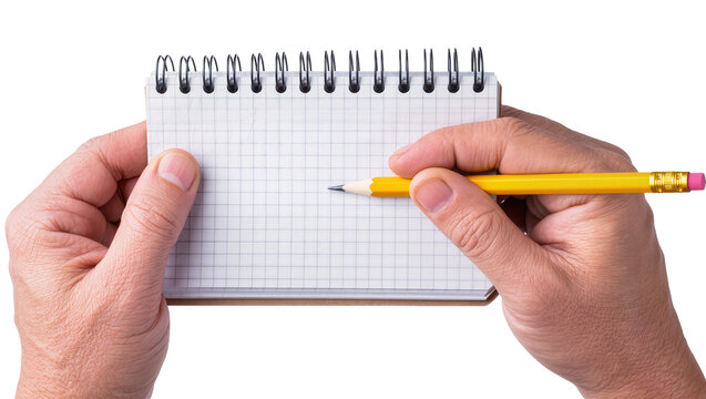 Human hands holding a spiral-bound grid notebook and yellow pencil, isolated on transparent background