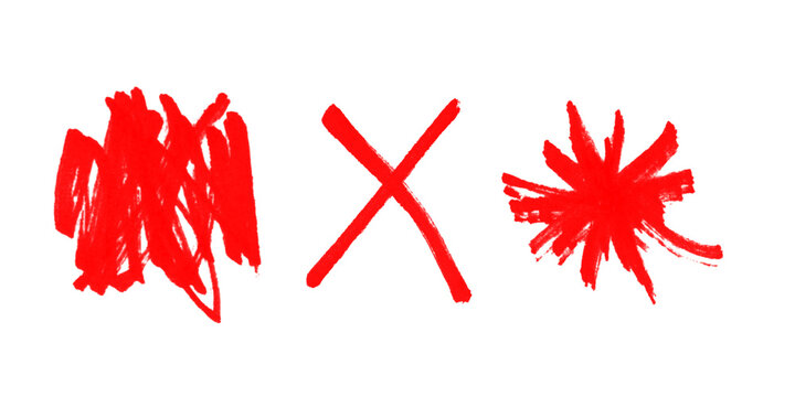 Red hand drawn marker scribble, cross mark X, and starburst collection isolated on transparent background.