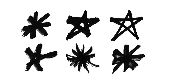 Black paint ink hand-drawn stars and asterisks set isolated on transparent background PNG, rustic grunge design elements.
