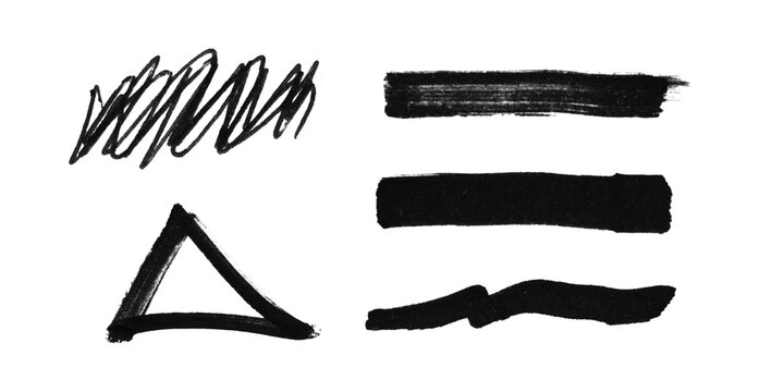 Set of black marker brush strokes, scribble, triangle and lines isolated on transparent background PNG