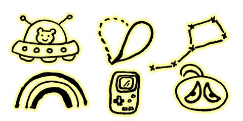 Cute hand drawn doodle sticker set with UFO, heart, constellation, rainbow and game console on transparent background © Dhrubo
