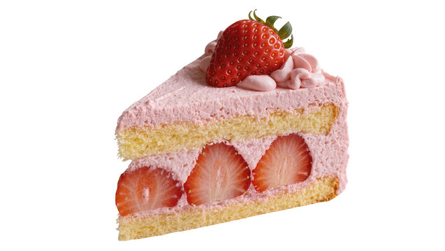 Strawberry cake slice with fresh fruit and pink frosting, isolated on transparent background