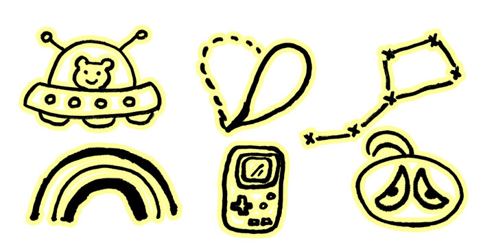 Cute hand drawn doodle sticker set with UFO, heart, constellation, rainbow and game console on transparent background