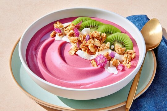 Vibrant pink smoothie bowl with kiwi slices granola coconut and edible flowers arranged in swirls