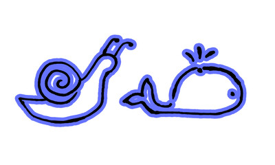 Cute hand drawn snail and whale illustration doodles isolated on transparent background PNG