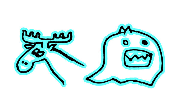 Cute neon doodle illustrations of a moose head and a ghost monster, isolated on a transparent background PNG.