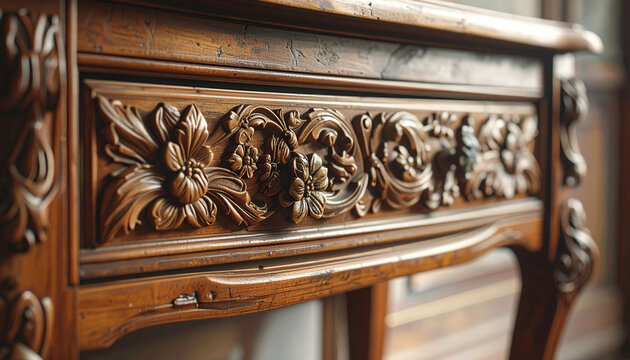 Wooden table with floral carvings