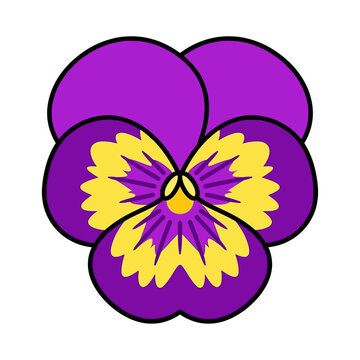 Vector illustration of a vibrant purple and yellow pansy flower icon isolated on white background