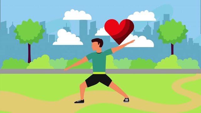 Stylized Figure Performing Yoga Pose in Urban Park with Heart Symbol Overlay, Animated Outdoor Health Wellness Concept with City Skyline, Dynamic Motion Graphics Vector.