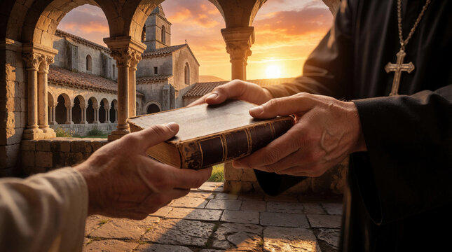 Priest in black robe hands holy Bible to another man. Religious leader gives sacred scripture at old stone church monastery. Sunset light shines through arches during christian worship evangelism
