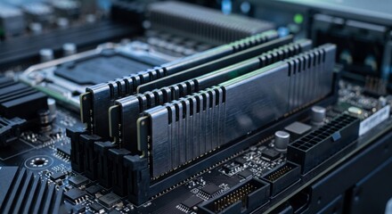 Fototapeta premium RAM memory modules close-up installed on professional server motherboard with modern metallic design and cool lighting