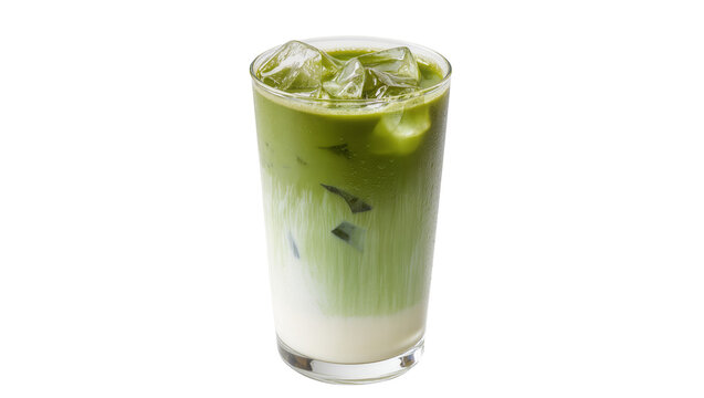 Tall glass of iced matcha latte with creamy milk layers, isolated on transparent background